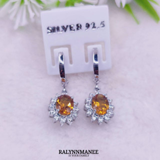 L6409 ต่างหูพลอยซิทรีนแท้ ( Citrine )  แบบอิงลิชล็อค ตัวเรือนเงินแท้ 925 ชุบทองคำขาว