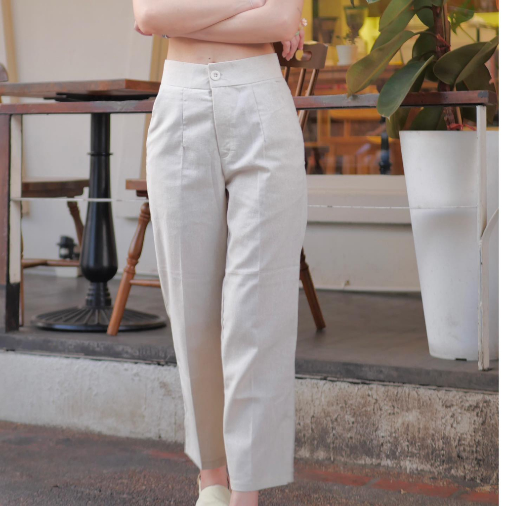 พร้อมส่ง กางเกงผ้าลินินใส่สบายๆ เอวไม่สม็อค #07 ลินิน8ส่วน