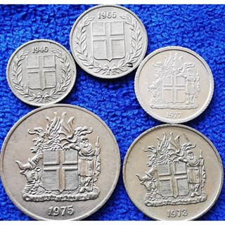 เหรียญ​ต่างประเทศ​ ไอซ์แลนด์​ Iceland, ชุด​ 10,25 Aurar, 1,5,10 Kronur, ใช้แล้ว, #409