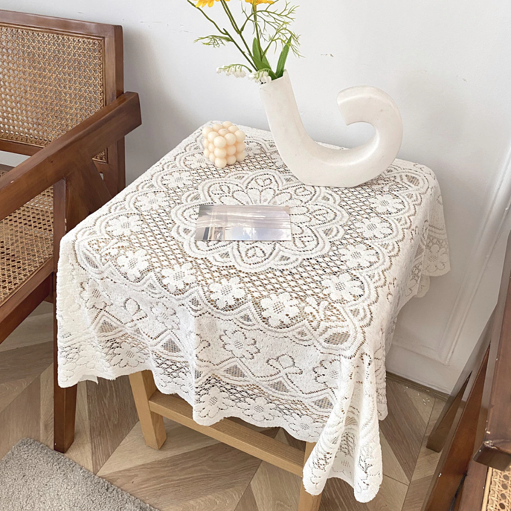 OurHome [พร้อมส่ง] ผ้าปูโต๊ะลูกไม้ Lace tablecloth ผ้าพื้นหลังห้องตกแต่งร้านกาแฟ INS ผ้าปูโต๊ะสีขาวนม