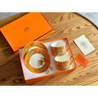 Hermes H Home Upscale Bone China Coffee Cup and Saucer Set Royal Charger Orange Double Cup and saucer