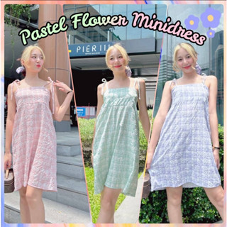 🌷Pastel flower minidress🌷มินิเดรสสายเดี่ยวผูกไหล่ ลายดอกไม้ ปั้มนูน สีพาสเทลลายสก๊อต สไตล์เกาหลี เดรสสายเดี่ยว เดรสคาเฟ่