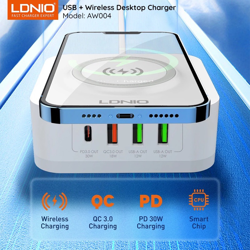 ที่ชาร์จไร้สาย LDNIO รุ่น AW004 ดีไซน์ใหม่ที่ชาร์จไร้สายมาพร้อม ช่องUSB QC3.0+Type-C PD รองรับการชาร