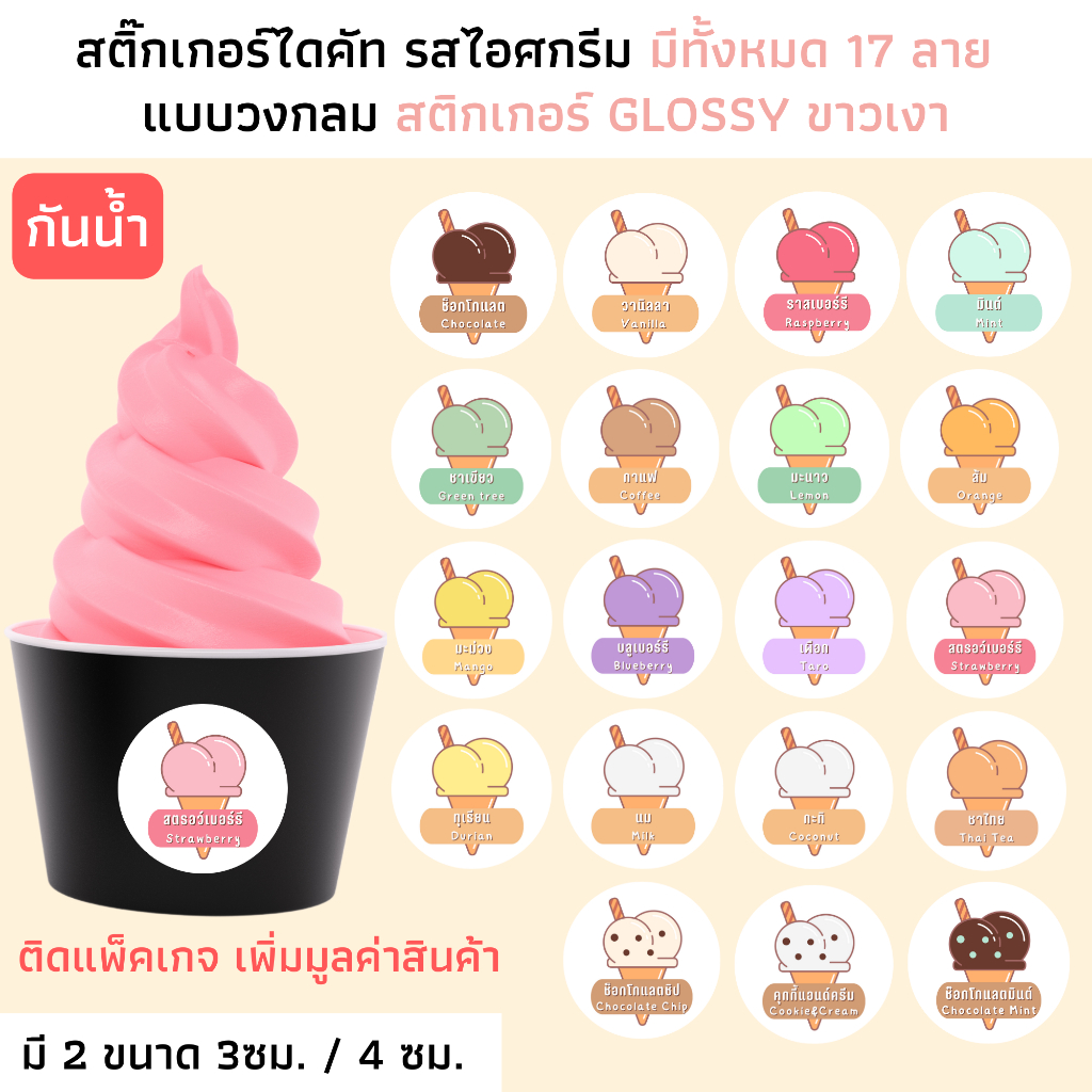 [มี 2 ขนาด กันน้ำ] สติ๊กเกอร์รสไอศกรีม กระดาษ Glossy ขาวเงา กันน้ำ สติกเกอร์รสชาติไอติม ไอครีม ฉลากรสไอศกรีม ติดแก้ว