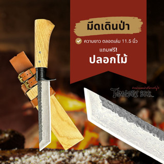 Tamashi BKK - มีดเหล็กดามัสกัส ตีทบ เดินป่า ทรงหัวตัด ปลอกไม้พร้อมเข็มขัดรัดสุดคลาสสิก อุปกรณ์ตั้งแคมป์ Camping