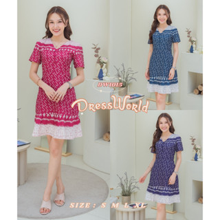 DW1015-DRESS WORLD - เดรสผ้าไทยชายระบายลายขอ(ทักแชทเช็คของก่อนสั่งซื้อ)