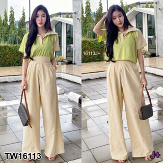 MF16113  เซต2ชิ้น รุ่นใหม่จ้า เสื้อครอปแขนสั้นปกโปโลงานสุดเก๋ มาพร้อมกางเกงเอวยางยืดหลังหน้ามีกระดุมทรงเอวสูงมีกระเป๋าล้