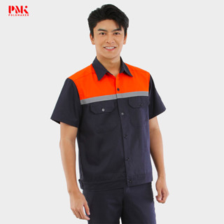 เสื้อช็อปทูโทน สีกรมท่าตัดต่อส้ม-U05CSH002