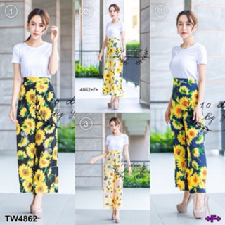 CS4862 Set 2 ชิ้น เสื้อยืดสีขาว + กางเกงขายาวลายดอกทานตะวัน Set 2 pieces: white t-shirt + sunflower pattern pants