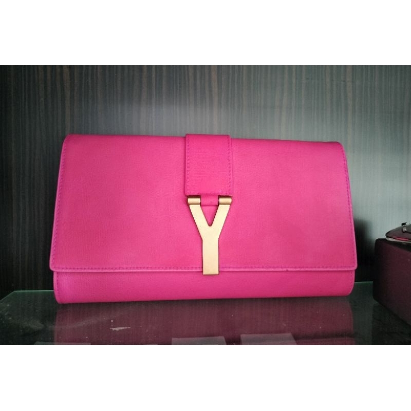 กระเป๋าคลัช YSL แท้ Yves Saint Laurent Y Ligne Clutch Bag สีชมพู Fuchsia