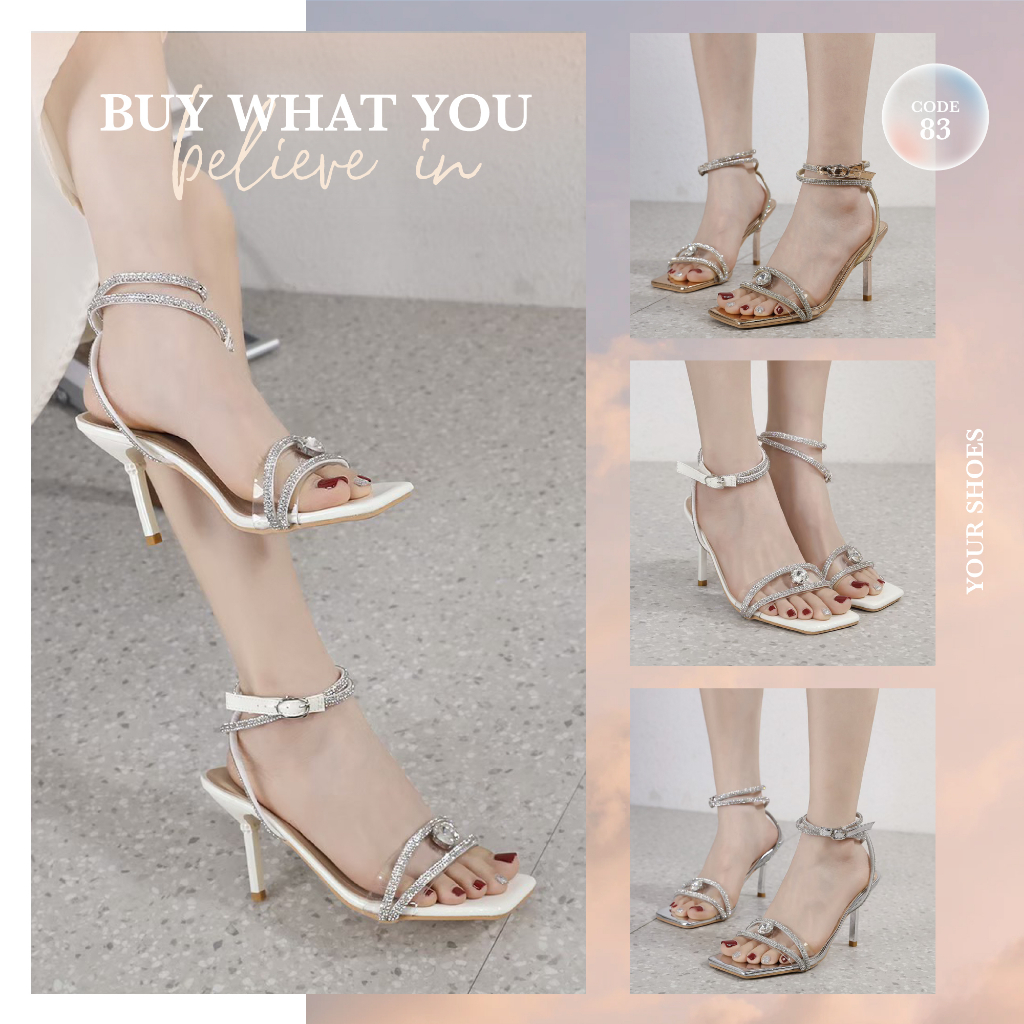 YOURSHOES 83 / รองเท้าส้นสูง 3.5 นิ้ว แต่งสายเพชรพันขา รองเท้าผู้หญิง