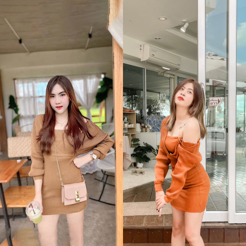 🌈Spinny House🌈 มินิเดรส เดรสไหมพรม ‼️ขายดีมากๆ‼️สายเดี่ยว คอวีเข้ารูป 2in1Dress เดรสแม่ลูก ข้าวทิพ F