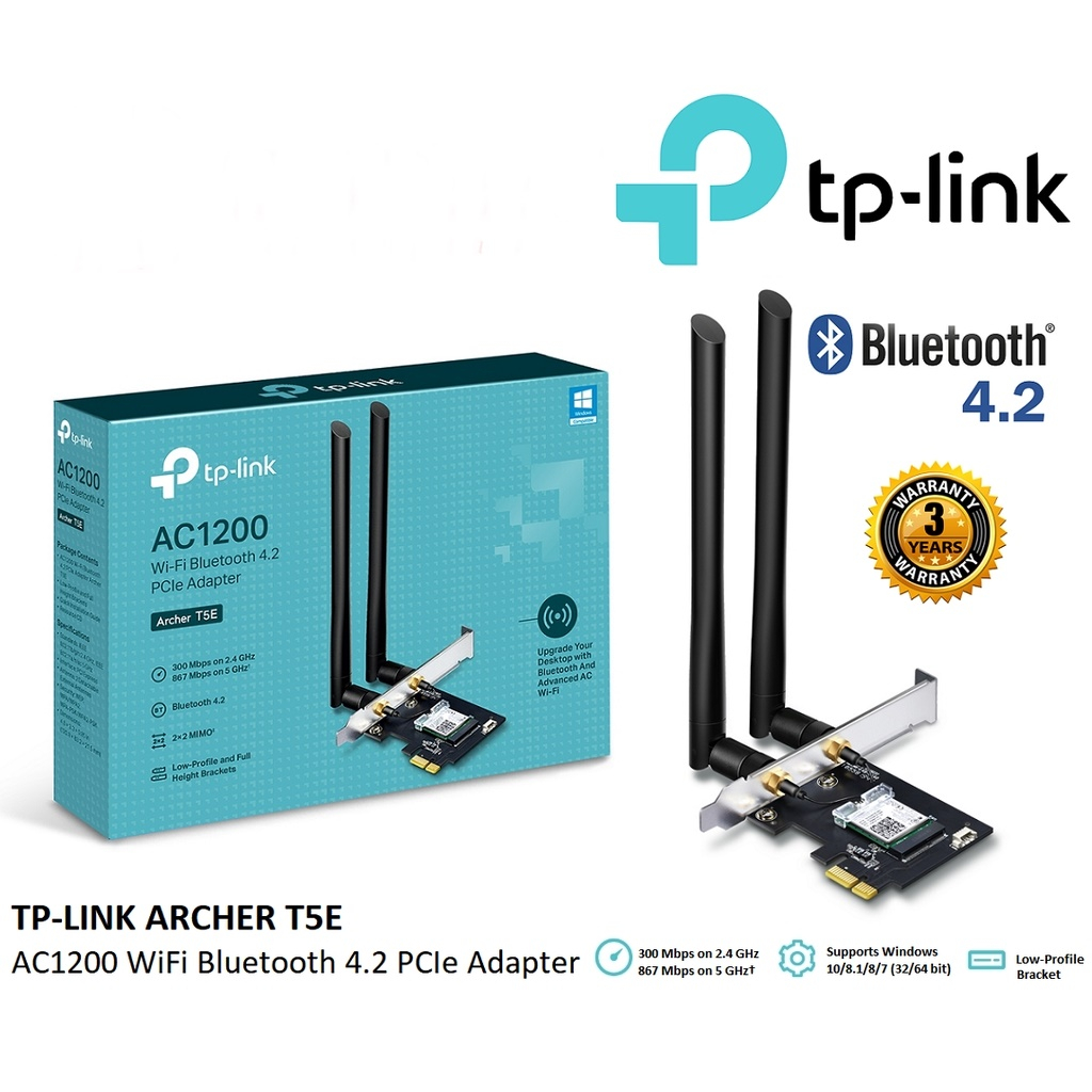 TP-LINK (Archer T5E) AC1200 WiFi Bluetooth 4.2 PCIe Adapter Wi-Fi ความเร็วรวม 1200Mbps