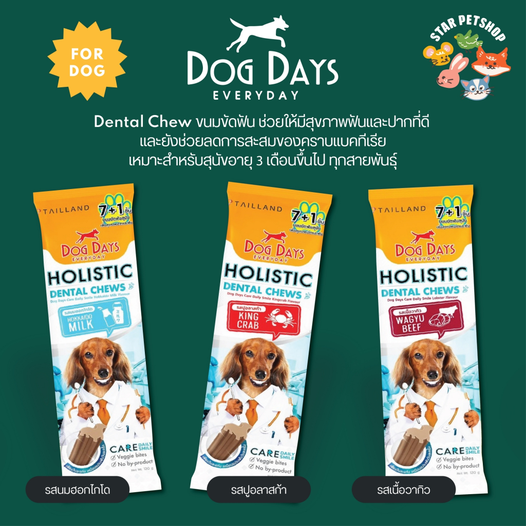 Dog Days Holistic Dental  ขนมขัดฟันสำหรับสุนัข ลดการสะสมของคราบแบคทีเรีย เหมาะกับสุนัข 3 เดือนขึ้นไป