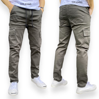 JEANSEXPRESS Cargo Pants กางเกงคาร์โก้กระเป๋าข้าง สีขี้ม้าเข้ม เอวยาง มีเชือก เป้าซิป ผ้ายืด สวมใส่สบาย Size28-44