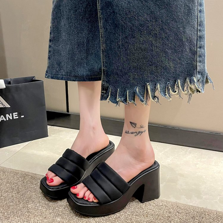 JINxCHOY SHOES ฤดูร้อนสีทึบส้นสูงรองเท้าที่เรียบง่ายร้อยสำนักงานเดินทางช้อปปิ้งผู้หญิงรองเท้า