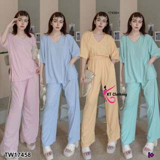 TW17458 Set 2 ชิ้น เสื้อแขนสั้นคอวี ทรง oversize + กางเกงขายาว