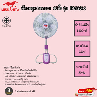 พัดลมอุตสาหกรรมมิซูชิต้า misushita 18นิ้ว รุ่น FAN20I-3 ประกันมอเตอร์ 3ปี เสียเปลี่ยนใหม่ทันที