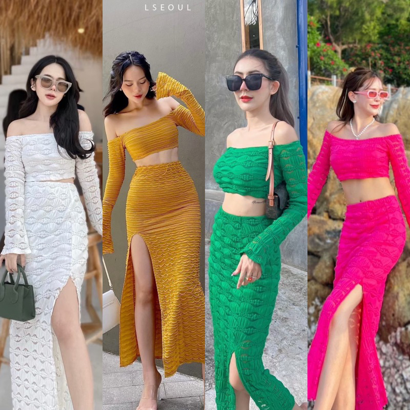 Teera❤️พร้อมส่ง✨เซตผ้ายืด’ ดีเทลเปิดไหล่ กระโปรงยาว ผ่าแหวกช่วงหน้า ตัวนี้ความเด่นอยู่ที่ลายผ้าเลยแม