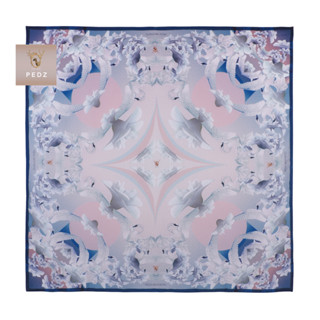 PEDZ ผ้าพันคอไหมซาตินพรีเมี่ยมพิมพ์ลายหงส์สีชมพูขอบน้ำเงิน Pink Swan with Blue Rim Silk Satin Premium Scarf