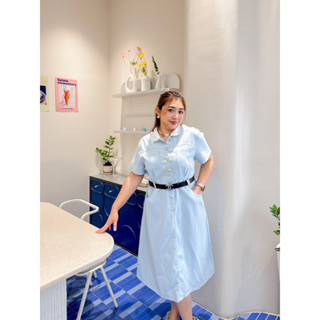 [LADYMJUL] ส่วนลด 65.- Lady M | Blue sky sweet dressชุดเดรสสาวอวบ+เข็มขัดสีฟ้า ทรงลูกคุณ