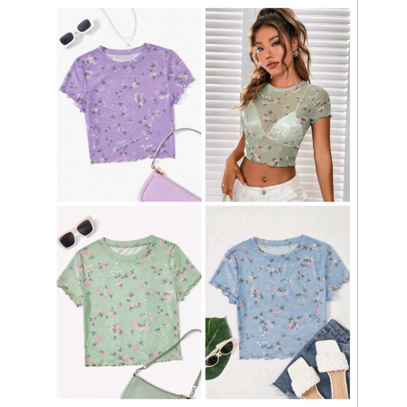 พร้อมส่งด่วนจากไทย เสื้อครอป แขนสั้น สีพาสเทล ลายดอกไม้ ผ้าโปร่ง ผ้าซีทรู ผ้าตาข่าย สงกรานต์