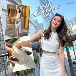 ชุดเซ็ท  CANDY White Butter Pop - เสื้อครอปแขนกุด+กระโปรงทรงเอผ่าหน้า สีขาว