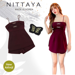 งานป้าย NITTAYA การันตีเสื้อผ้าคุณภาพ เซ็ตเสื้อสายเดี่ยวกับกางขาสั้นสีแดงเลือดหมู