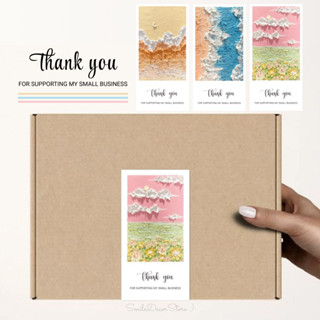 [พร้อมส่ง] ใหม่! สติ๊กเกอร์ Thank you แพ็ก 50 ชิ้น ขนาด 5x10cm ลายศิลปะ 3 สี สดใส สติ๊กเกอร์ซีล