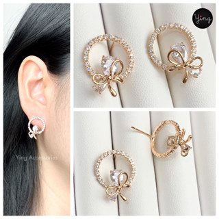 ต่างหูเพชรล้อมวงกลมสี Pink Gold ประดับโบว์ ก้านเงินแท้