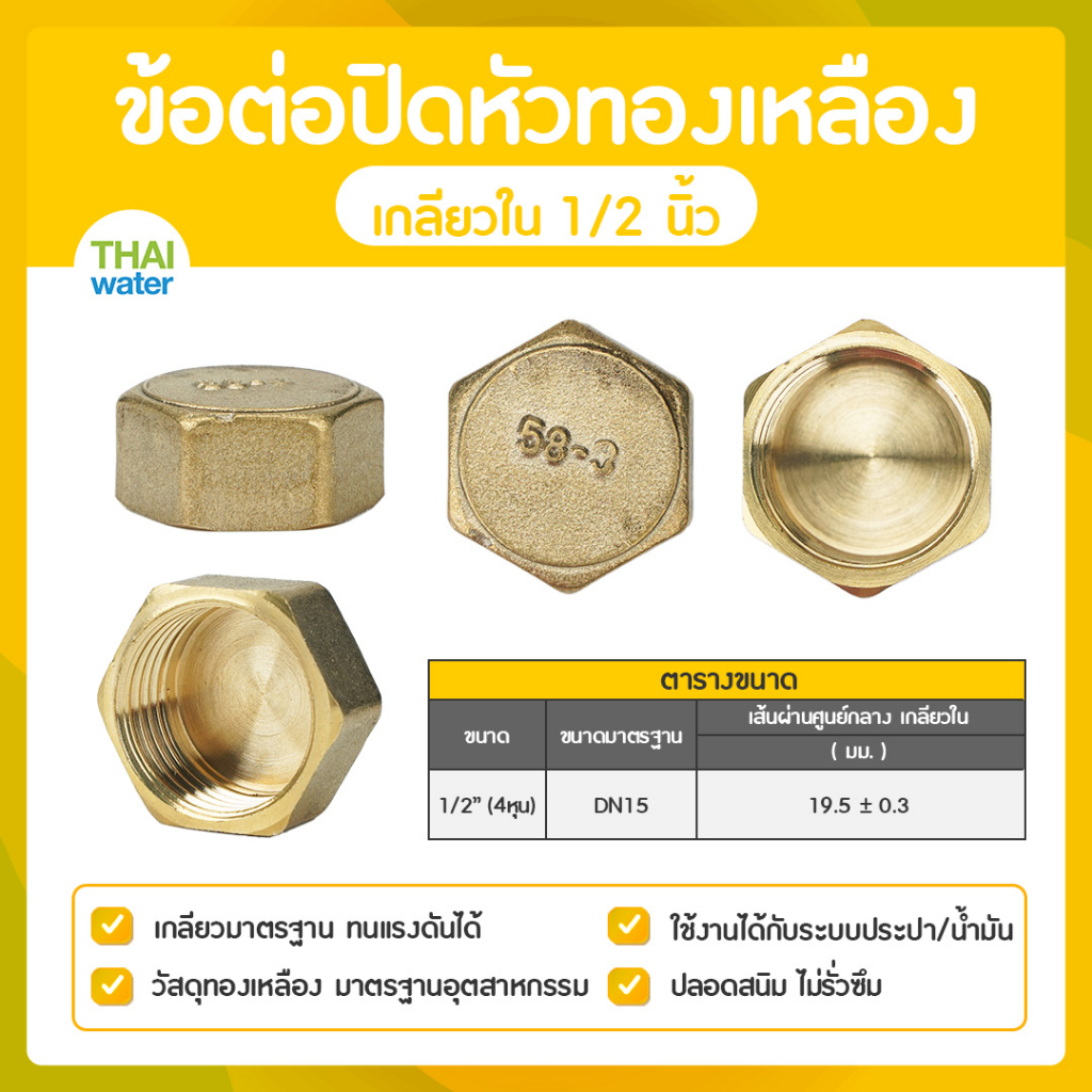 ข้อต่อปิดหัวทองเหลืองเกลียวใน หัวหกเหลี่ยมปิดท่อ ฝาปิดหัวทองเหลือง ข้อต่อทองเหลือง