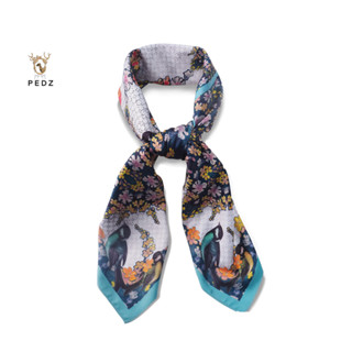 PEDZ ผ้าพันคอไหมซาตินพรีเมี่ยมพิมพ์ลายนก&amp;ดอกซินเนี่ยขอบสีเขียว Green Bird&amp;Zinnia Silk Satin Premium Scarf