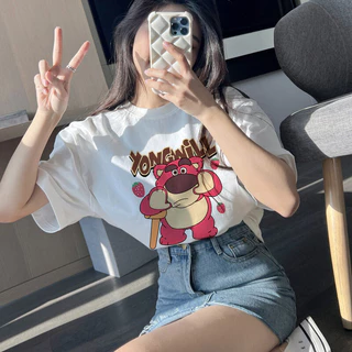 เสื้อลายใหม่ คอกลม ʕ•ᴥ•ʔ หมีพิมพ์ลาย แขนสั้น น่ารักมาก สกรีนเต็มตัว ผ้าฝ้าย cotton ขนาดฟรีไซส์ T-05