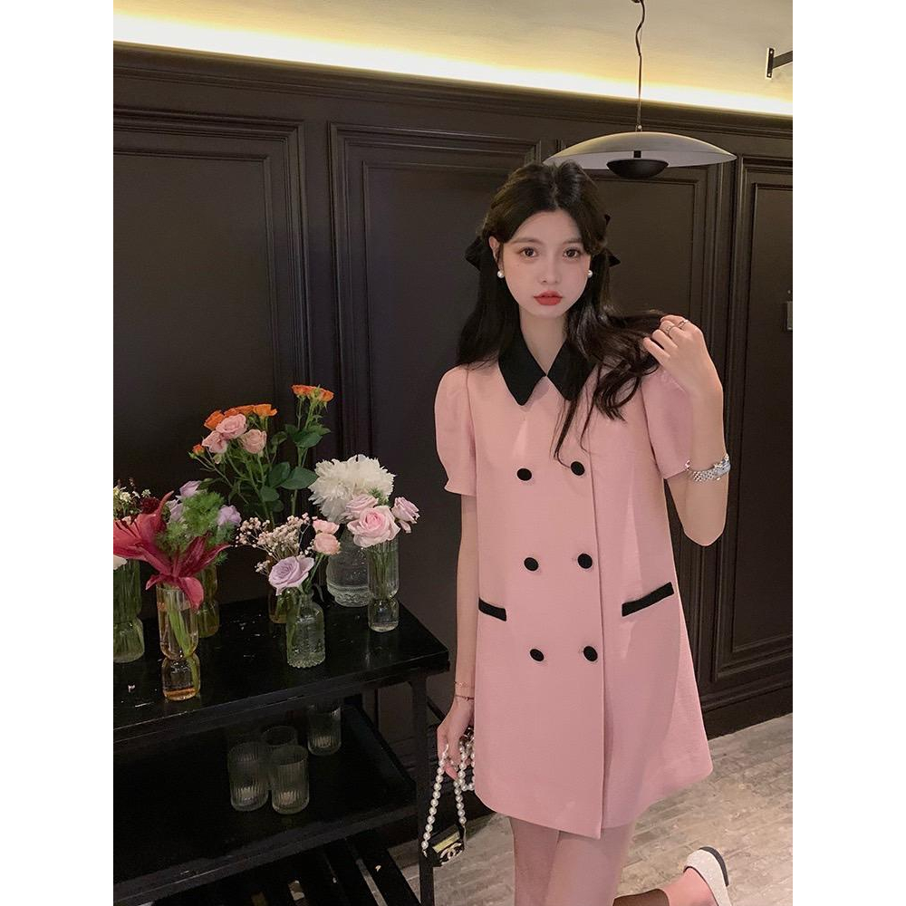 SGH0173 พร้อมส่งแฟชั่นเกาหลี ชุดเดรสสีชมพู มาใหม่ ทรงตรง เรียบหรู คอตุ๊กตา แขนสั้น น่ารัก