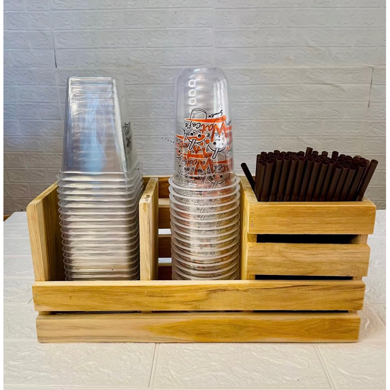 พร้อมส่ง🌂 กล่องใส่แก้ว หลอดดูด งานไม้สัก (แถมเสา 1 ชิ้น)
