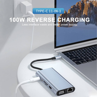 อะแดปเตอร์ฮับ ฮับ 11 in 1 USB C HUB Type C เป็น USB*4+100W PD+HDMI 4K+การ์ดรีดเดอร์ SD/TF+RJ45+VGA+Audio