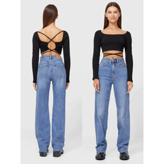 stradivarius Straight fit high waist jeans  กางเกงยีนส์เอวสูง ทรงขากระบอกใหญ่ แต่งตะเข็บเฉียง ปลายขารุ่ย เนื้อผ้ายีนส์