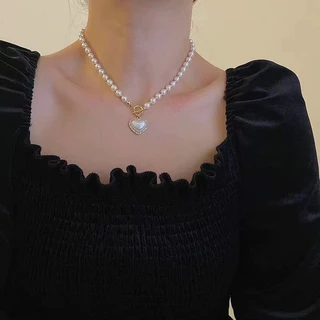 สร้อยคอโชคเกอร์จี้หัวใจคริสตัลไข่มุกสไตล์ ประดับไข่มุก มีหลายชั้น แฟชั่นสําหรับผู้หญิง