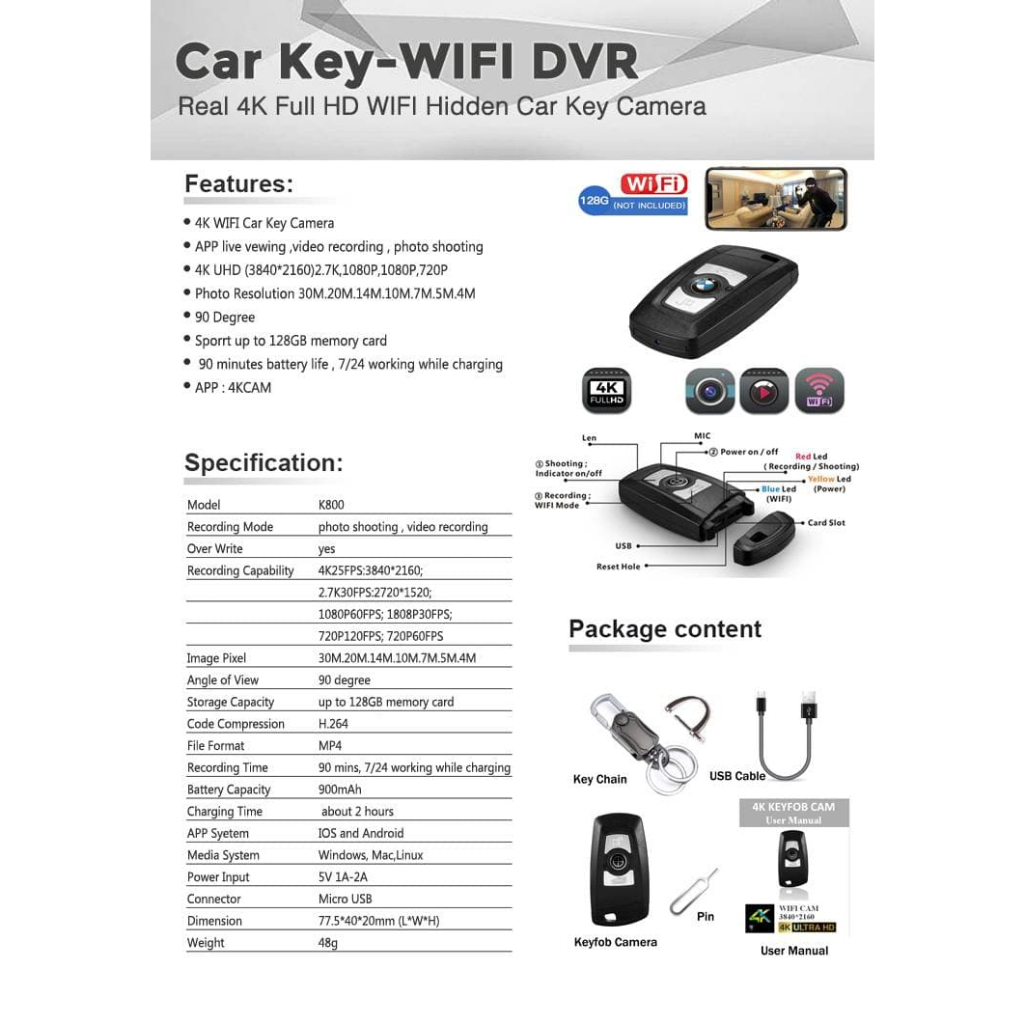 กล้องVDO ทรงกุญแจรีโมทรถ WiFi ความชัด4K UHD ภาพชัดสุดๆ บันทึกVDO ถ่ายภาพนิ่ง บันทึกเสียง