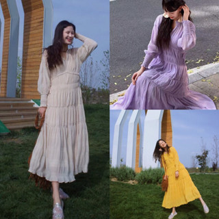 🍑พร้อมส่ง🍑Maxi dress เดรสยาวอัดพลีส เดรสยาวโบฮีเมี่ยน💥มีบริการเก็บปลายทาง💥