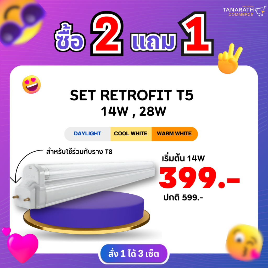 [ซื้อ 2 แถม 1]  ชุดเช็ตรีทรอฟีต รางพร้อมหลอด T5 14W , 28W สำหรับใช้ร่วมกับราง T8 (ไม่มีฝาครอบ) ยี่ห้