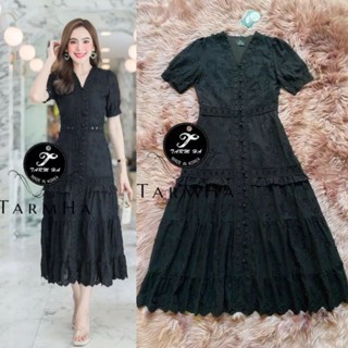 3Dเดรสดำออกงาน!!! S-4XL Maxi Dress เดรสสีดำกระดุมหน้าผ้าปักดอก3มิติ  งานป้าย Tarm Ha