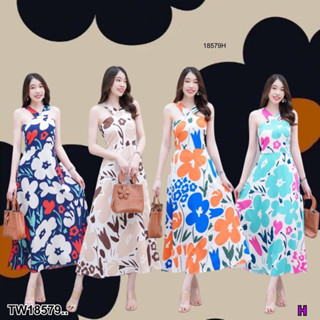 TW18579 Maxi dress สายเดี่ยวคอวีลายดอกเมกโกะ