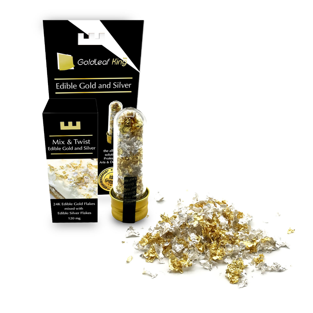 ทองคําเปลวแท้ผงและเงินเปลวแท้ผง 24K Mix & Twist ทองผงเกรดพิเศษ 100% ทานได้ ใช้ทําขนมเค้ก