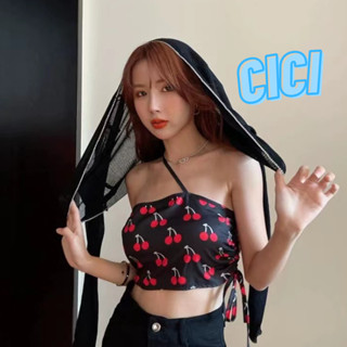 Cici(NO.1335)เสื้อเกาะอก ดีเทลสายคาดอก สายปรับได้มาพร้อมเชือกรูดข้างสุดเก๋ หลังสม็อก เหมาะกับสาวไซส์มินิ