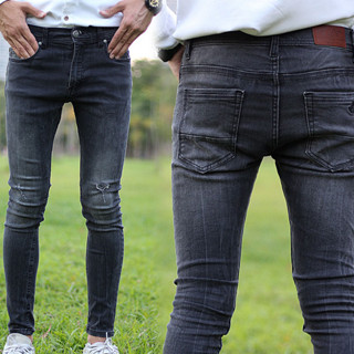 RAGA-102 (ผ้าญี่ปุ่นยืด)ฟอกเฟดสีเข้ม ขาดเเฟชั่น ขายาวชาย ทรงเดฟ
