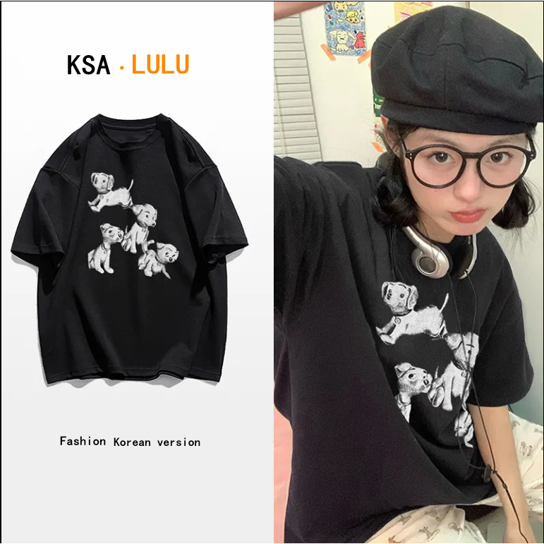 KSA เสื้อยืดแขนสั้นสีขาวผ้าดี oversize สไตล์เกาหลี เสื้อผ้าแฟชั่น เสื้อโอเวอร์ไซส์ผู้หญิงน่ารัก สกรีนลายการ์ตูน