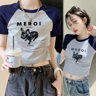 shop24📱สต็อกไทย เสื้อยืด ครอปคอกลมแขนสั้น สีทูโทน อกสกรีนลายหมา MEROI