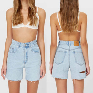 Stradivarius longline denim shorts กางเกงยีนส์ขาสั้น เอวสูง แต่งขาด