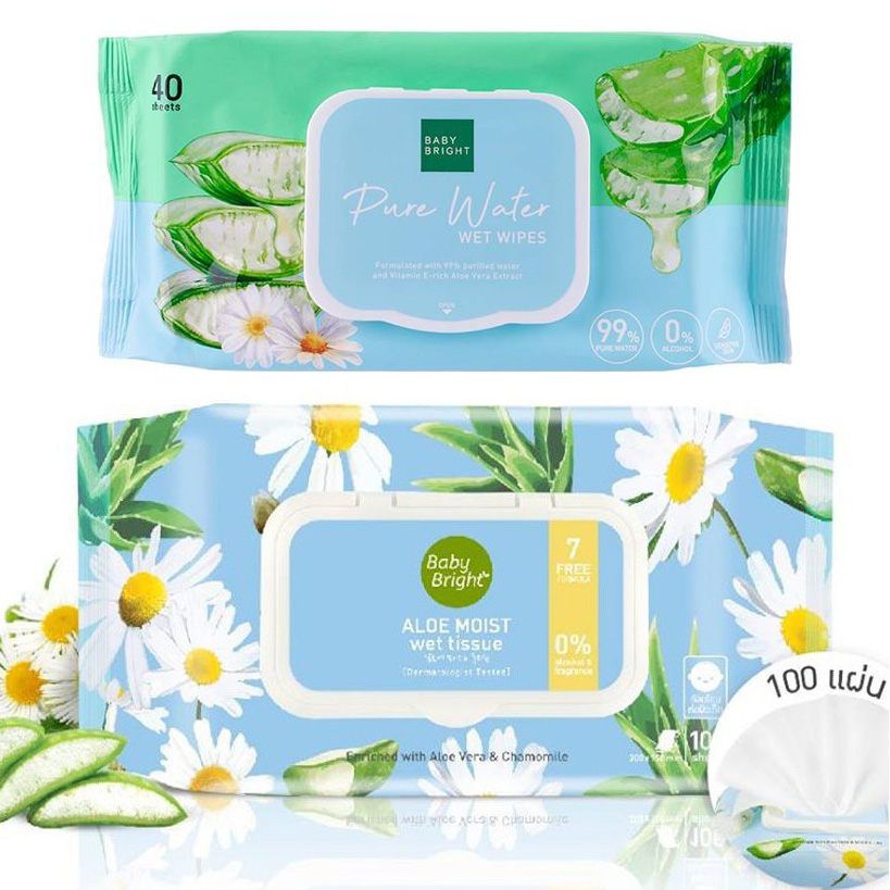Baby Bright Aloe moist Wet Tissue 100 Sheets ทิชชู่เปียก อโลมอยส์เว็ททิชชู่ เบบี้ ไบร์ท ทิชชู่เปียก M4 ทำความสะอาด